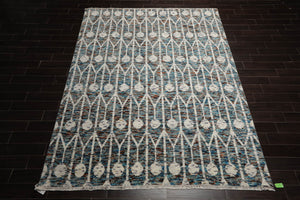 LoomBloom 8x10 Ivory, Turquoise Hand Knotted 100% Wool Oushak Art Deco Oriental Area Rug