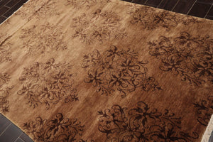 5'1'' x 7'10'' Hand Knotted Tibetan Wool Damask Designer Area Rug Brown, Tan - Oriental Rug Of Houston