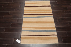 3x5 Hand-Knotted Contemporary  Striped Tibetan Wool Area Rug Beige