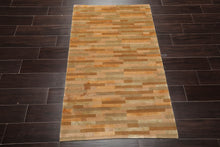 3x5 Gold Hand Knotted Tibetan Contemporary Striped Wool & Silk Oriental Area Rug