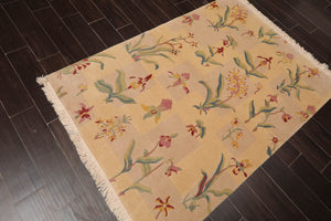 4x6 Beige Hand Knotted Tibetan Transitional  Floral Wool Oriental Area Rug