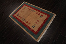4x6 Beige Hand Knotted Tibetan Contemporary Gabehh Pictorial Wool Oriental Area Rug