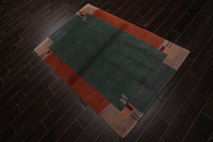 4x6 Green Hand Knotted Tibetan Contemporary Bordered Wool Oriental Area Rug