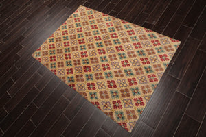 4x6 Beige Hand Knotted Tibetan Transitional  All-Over Wool Oriental Area Rug