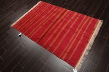 4x6 Coral Hand Knotted Tibetan Contemporary Striped Wool & Silk Oriental Area Rug