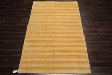6x9 Gold Hand Knotted Tibetan Modern Striped Wool Oriental Area Rug