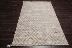 LoomBloom 5x8 Beige Geometric Ribbed Oriental Wool Rug with Hand Knotted Finish