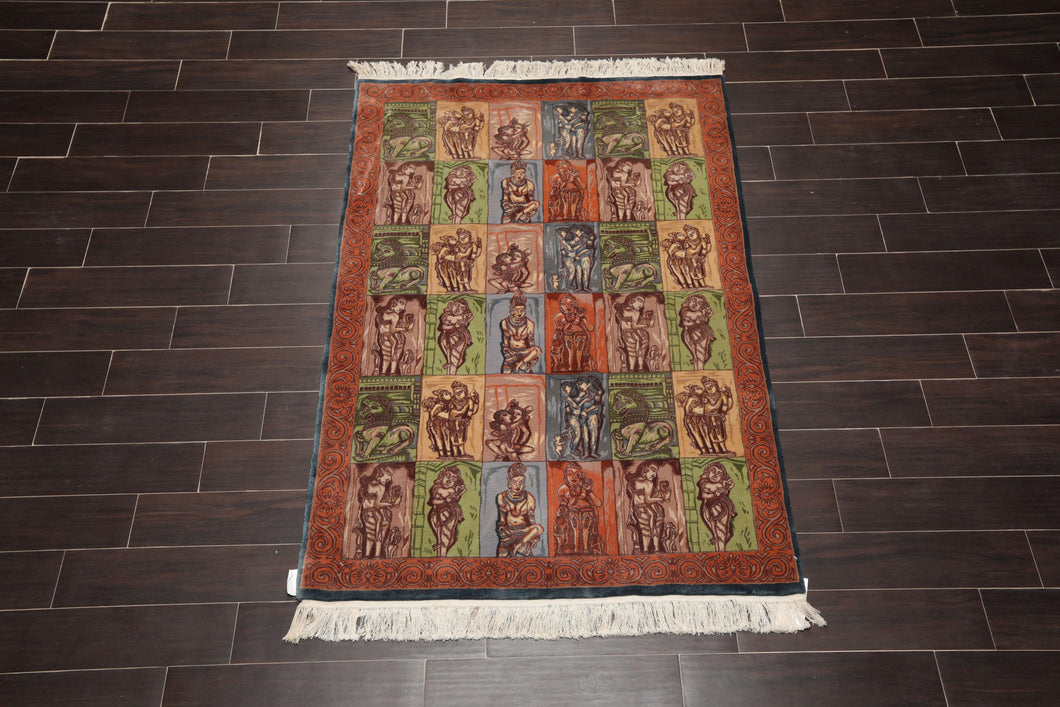 4' x 6' Hand Knotted 300 KPSI Kamasutra Panel Quam Wool Traditional Area Rug Blue - Oriental Rug Of Houston