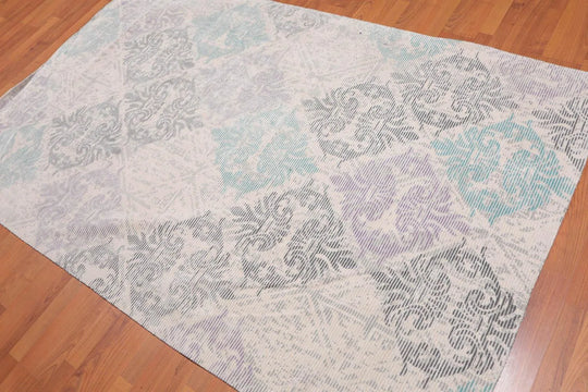 5'x8' Handmade Wool Damask Oriental Area Rug Beige, Teal Color