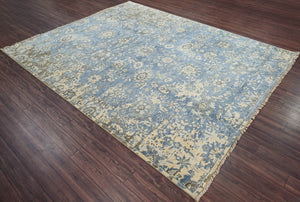 8x10 Blue Beige Gray Color Hand Knotted Transitional Oushak w/o border Wool Transitional Oriental Rug