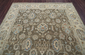 9x12 Brown Beige Blue Color Hand Knotted Oushak Wool Traditional Oriental Rug
