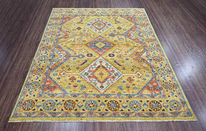 9' 11"x14'  Gold Burnt Orange Blue Color Hand Knotted Indo Oushak  100% Wool Traditional Oriental Rug
