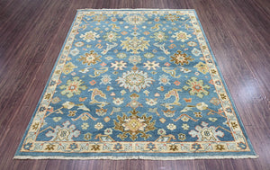 7' 9''x9' 9'' Blue Sage Light Gold Color Hand Knotted Indo Oushak  100% Wool Traditional Oriental Rug