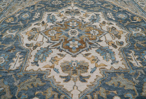 9x12 Blue, Gold Color Hand Knotted LoomBloom Muted Turkish Oushak 100% Wool Transitional Oriental Area Rug - Oriental Rug Of Houston