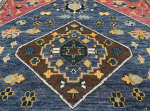 9x12 Blue, Raspberry Color Hand Knotted LoomBloom Muted Turkish Oushak 100% Wool Transitional Oriental Area Rug - Oriental Rug Of Houston
