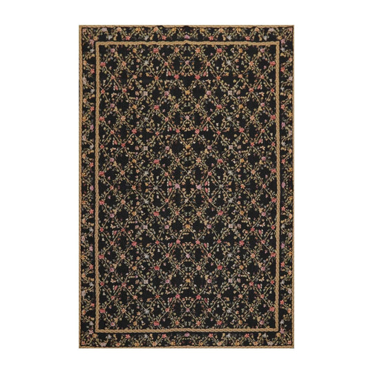6x9 Black Hand Woven Wool French Aubusson Needlepoint Flat pile Oriental Area Rug