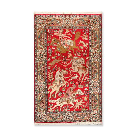 Persian Oriental Area Rug Hand Knotted 100% Silk Traditional Kashan Pictorial Hunting Scene 400 KPSI (2'10"x5')