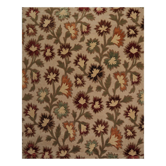 7'11"x9'9" Hand Knotted Floral Wool & Silk Tibetan Oriental Area Rug Beige