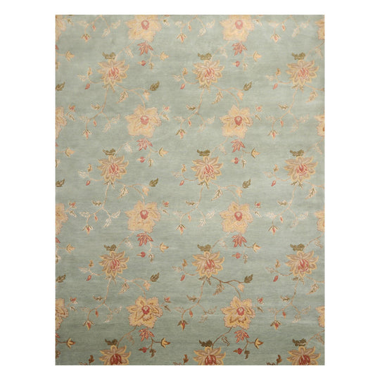 8'1" x11' Hand Knotted Wool & Silk Bold floral Pattern Tibetan Area Rug Sea Blue