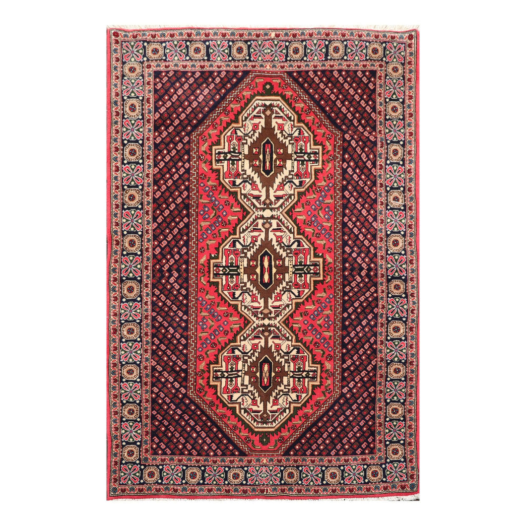 04' 05''x06' 11'' Rose Navy Ivory Color Hand Knotted Persian 100% Wool Traditional Oriental Rug