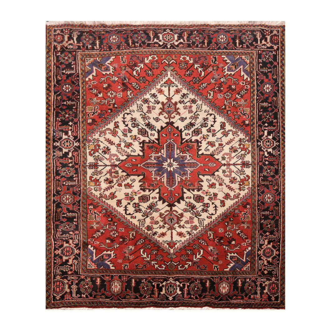 05' 03''x06' 04'' Ivory Red Charcoal Color Hand Knotted Persian 100% Wool Traditional Oriental Rug