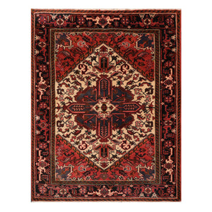 05' 01''x06' 06'' Ivory Red Black Color Hand Knotted Persian 100% Wool Traditional Oriental Rug