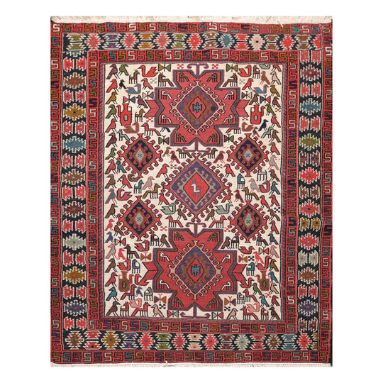 3'10" x 4'9" Hand Knotted 100% Wool Flat pile Area Rug Traditional Ivory