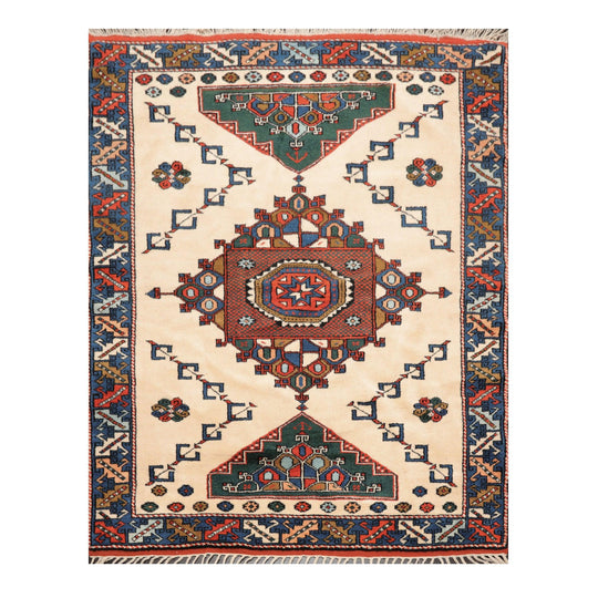 4'7" x 6' Hand Knotted Wool on Wool Tribal Afghan Kazak Veg Dyes Area Rug Ivory