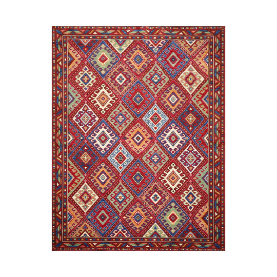 8 x 11 Geometric Panel Style Wool Area Rug Red Made in USA