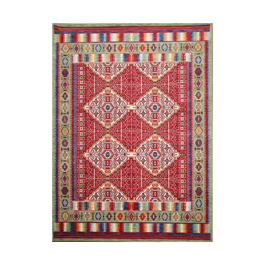 8' x 11' Geometric Traditional Wool Area Rug Red Made in USA - Oriental Rug Of Houston