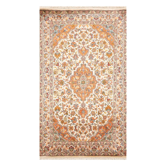 3'6''x5' Hand Knotted 100% Silk Traditional 350 KPSI Oriental Area Rug Ivory, Orange Color