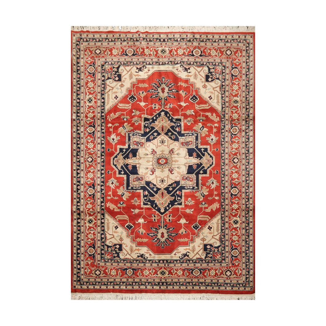 8' 2''x11' 9'' Burnt Orange Beige Navy Color Hand Knotted Persian 100% Wool Traditional Oriental Rug