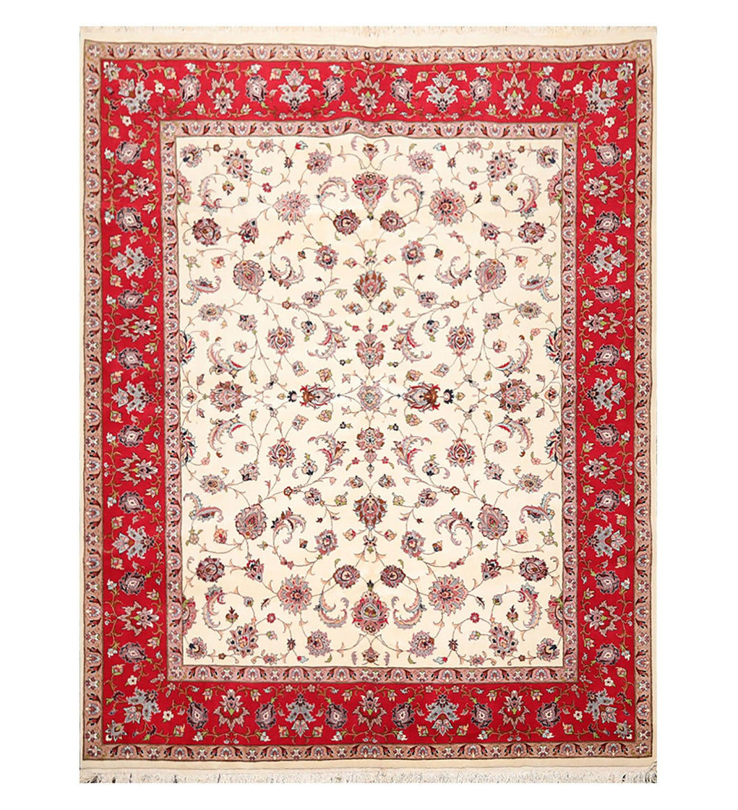 8' 2''x10' 4'' Ivory Red Rose Color Hand Knotted Persian 100% Wool Traditional Oriental Rug