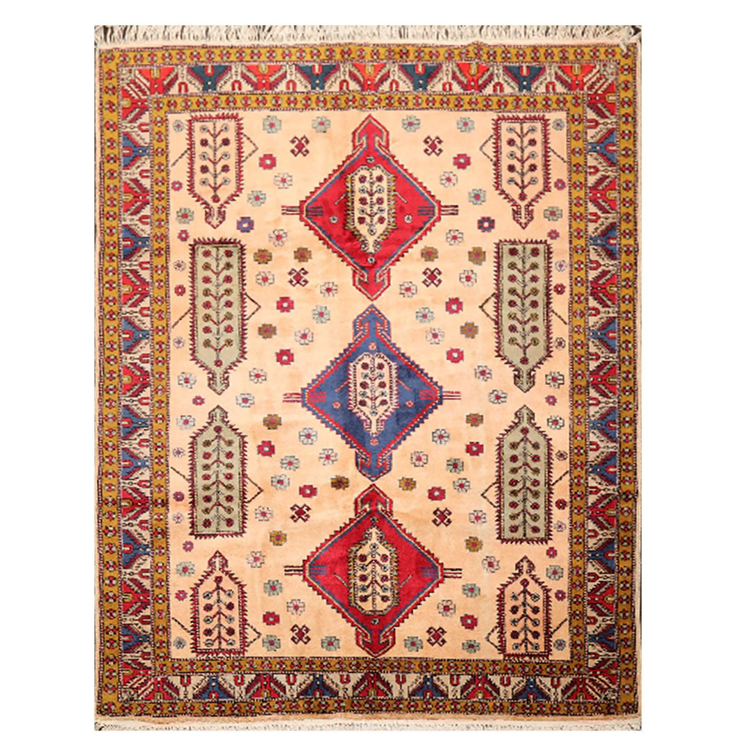 6' 6''x9' 4'' Light Peach Royal Blue Red Color Hand Knotted Hand Made 100% Wool Traditional Oriental Rug