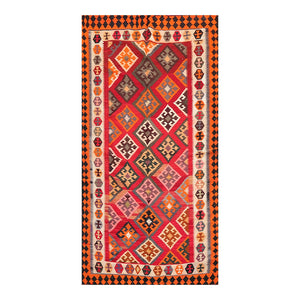 4' 8''x9' 5'' Red Ivory Orange Color Hand Woven Kilim 100% Wool Traditional Oriental Rug
