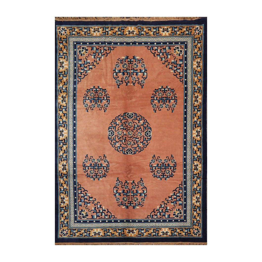 6' 7''x9' 7'' Peach Navy Ivory Color Hand Knotted Persian 100% Wool Traditional Oriental Rug