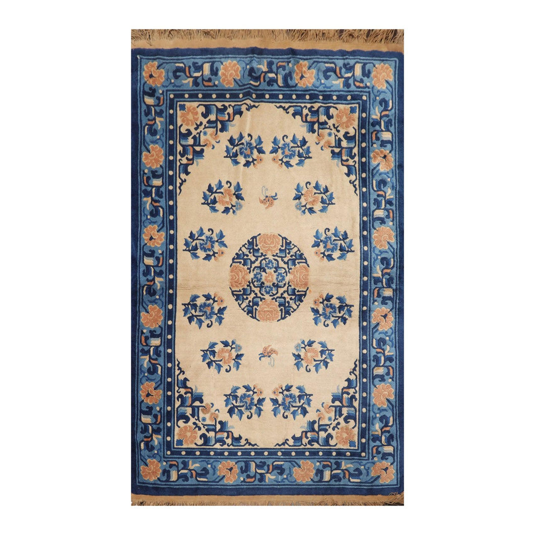 4' x6'  Beige Royal Blue Navy Color Hand Knotted Persian 100% Wool Traditional Oriental Rug