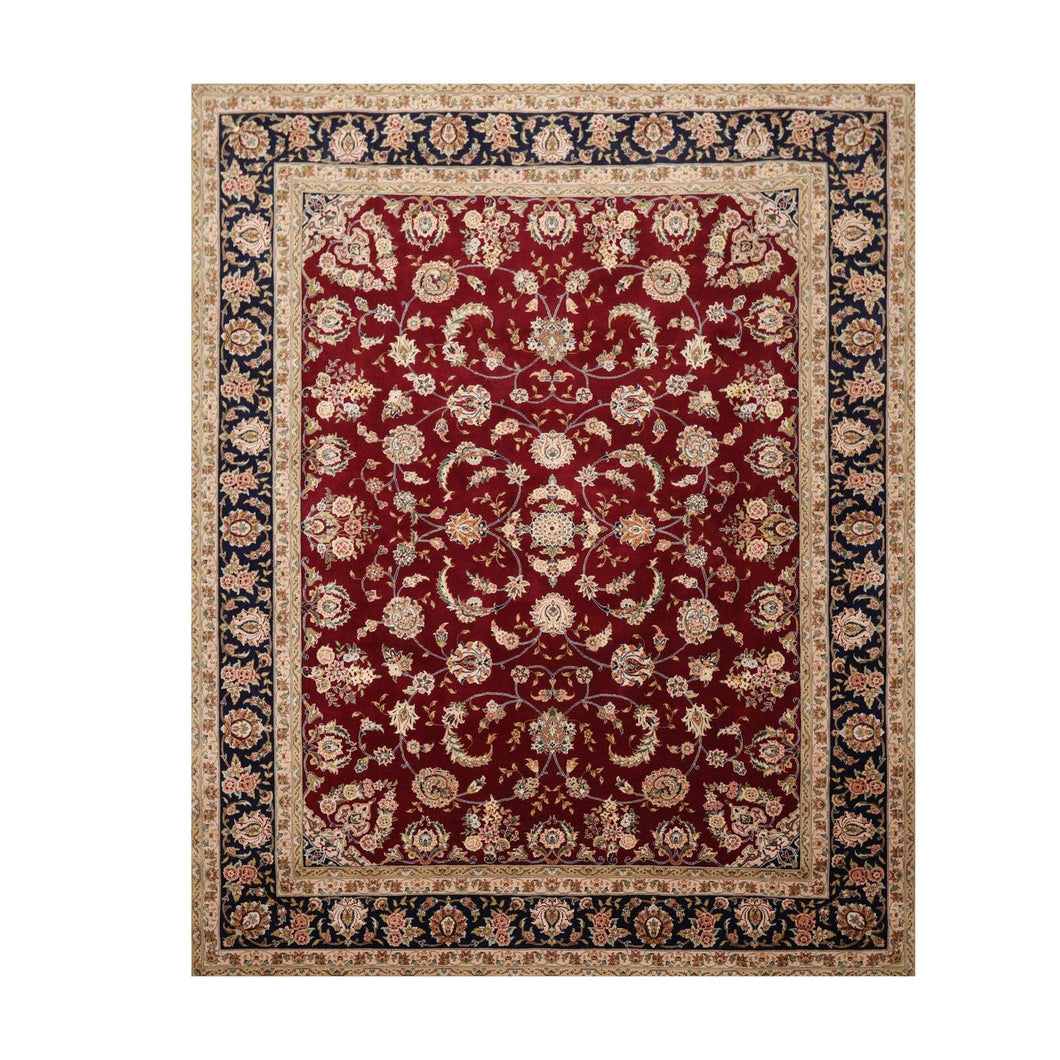 8' x9' 9'' Burgundy Navy Beige Color Hand Knotted Persian Wool and Silk Traditional Oriental Rug