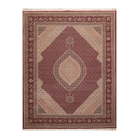 8x10 Red, Beige Hand Knotted Wool and Silk Fish Mahi Traditional 250 KPSI Oriental Area Rug