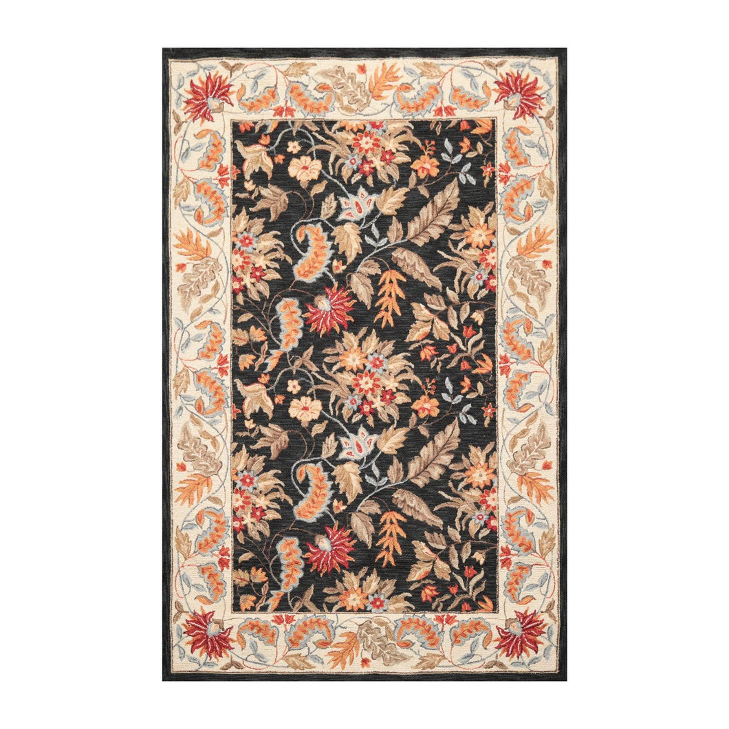 5' 3''x8' 3'' Charcoal Cream Brown Color Hand Made Hand Hooked 100% Wool Traditional Oriental Rug