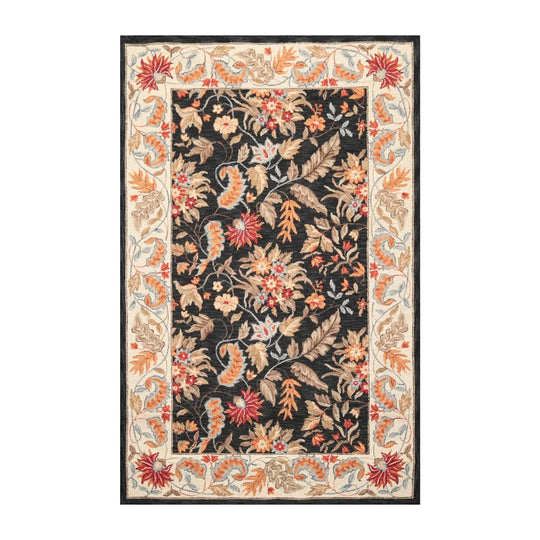 5'3'' x 8'3'' Handmade Hand Hooked 100% Wool Floral Area Rug Charcoal