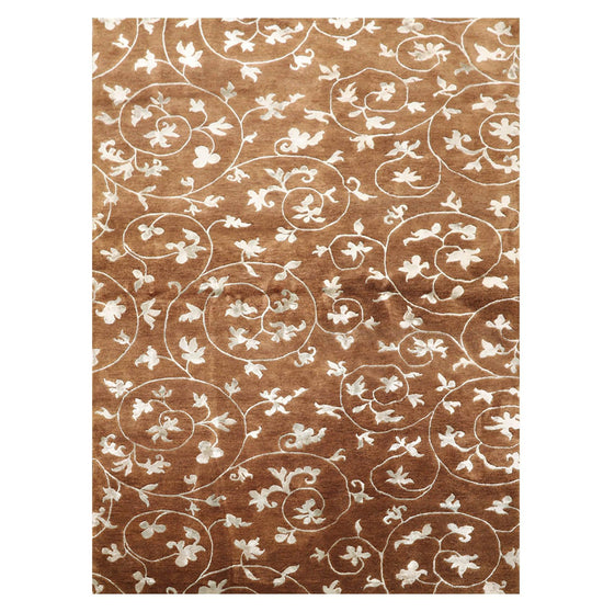 5'8" x 8'5" Hand Knotted Tibetan Wool & Art Silk Floral Oriental Area Rug Brown