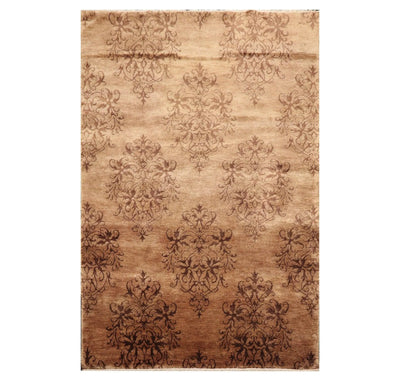 5'1'' x 7'10'' Hand Knotted Tibetan Wool Damask Designer Area Rug Brown, Tan - Oriental Rug Of Houston