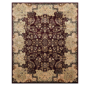 7' 9''x9' 9'' Maroon
 Champagne Light Aqua Color Hand Tufted Hand Made Wool and Silk Traditional Oriental Rug