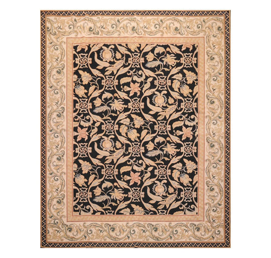 8'x10' Hand Woven Wool French Aubusson Botanical Flatweave Area Rug Black