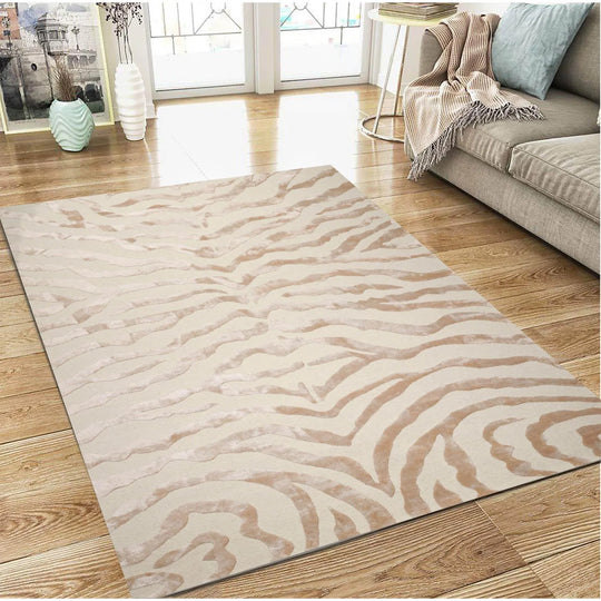 Multi Sizes Handmade Wool & Faux Silk Animal Print Zebra Area Rug Ivory Tan