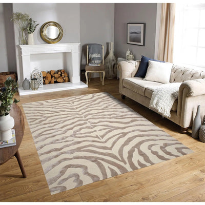 Multi Sizes Handmade Wool & Faux Silk Animal Print Zebra Area Rug Ivory Taupe - Oriental Rug Of Houston
