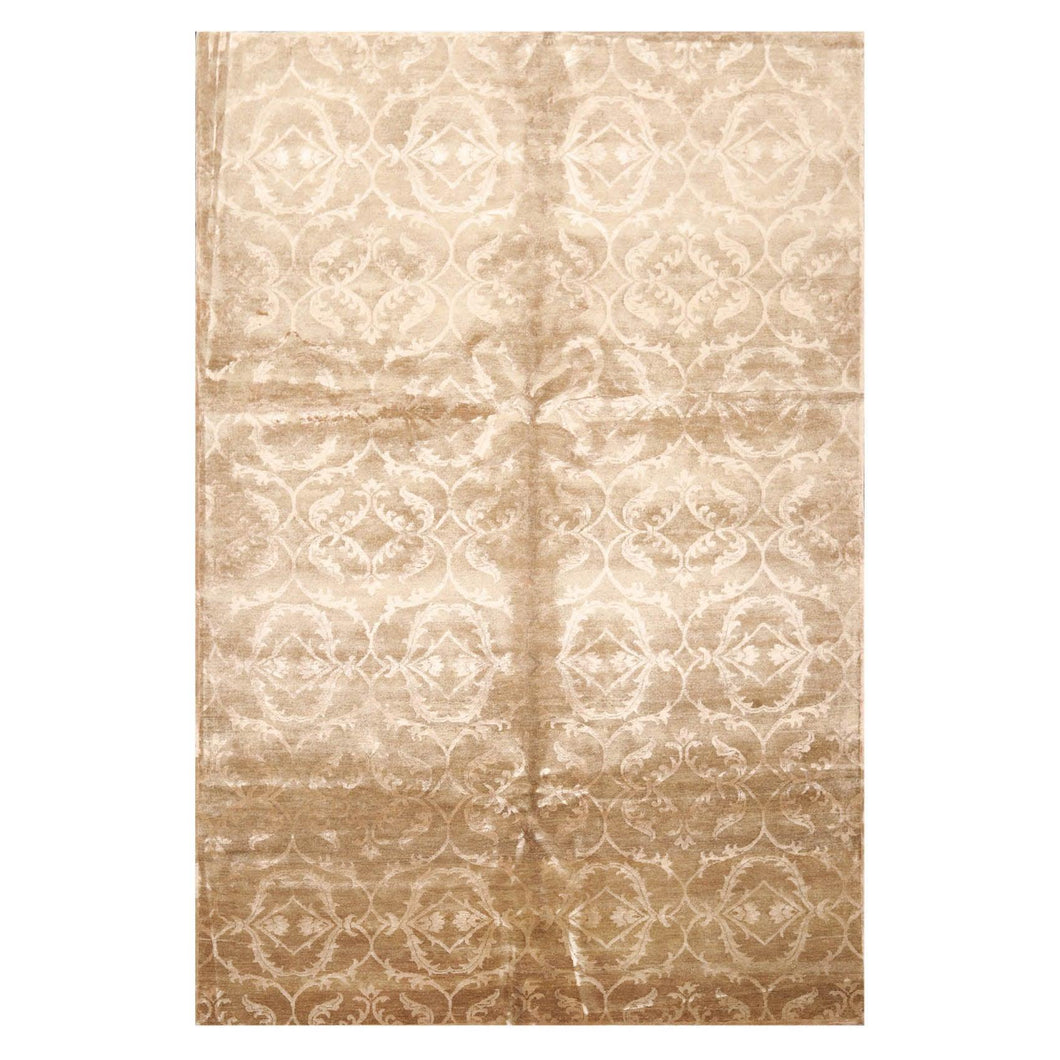 6' 1''x9' 1'' Tan Taupe Color Hand Knotted Indo Tibetan Wool & Faux Silk Transitional Oriental Rug