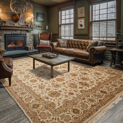 8x10 Ivory Light Gold Tan Color Hand Knotted Sino Persian Wool and Silk Traditional Oriental Rug