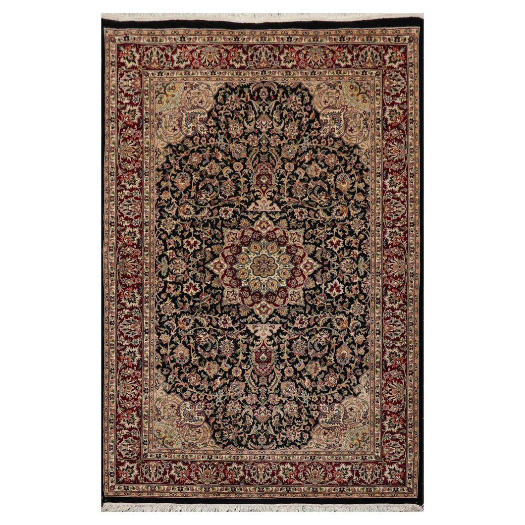 4' 7''x7' 1'' Black Beige Burgundy Color Hand Knotted Persian 100% Wool Traditional Oriental Rug